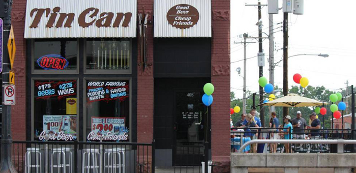 Tin Can Bar Grand Rapids exterior with open garage patio.